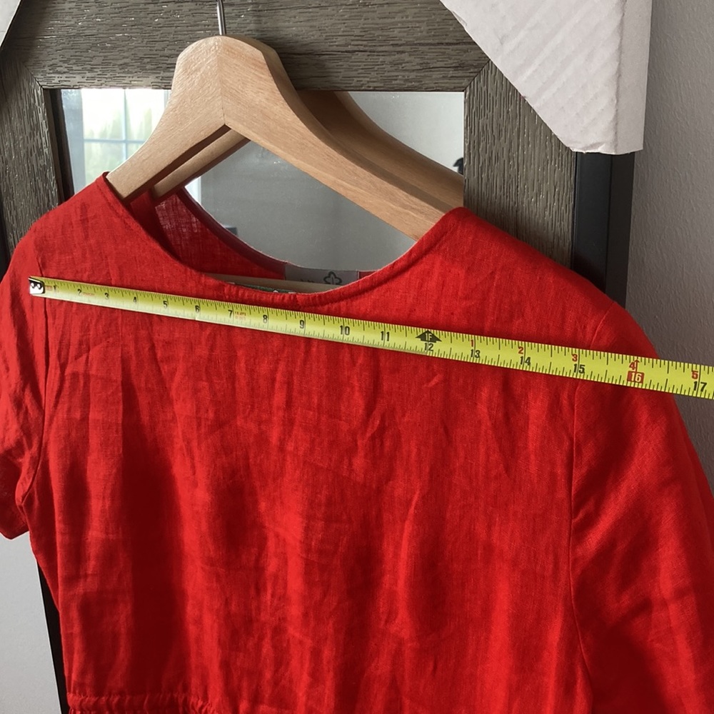 100% linen handmade red button front short sleeve cinch waist mini dress XS - Picture 6 of 9